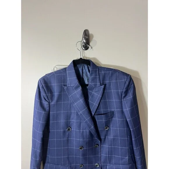 French Crown Men's 42 Blue Windowpane Pattern Wool Rich Double Breasted Suit NEW